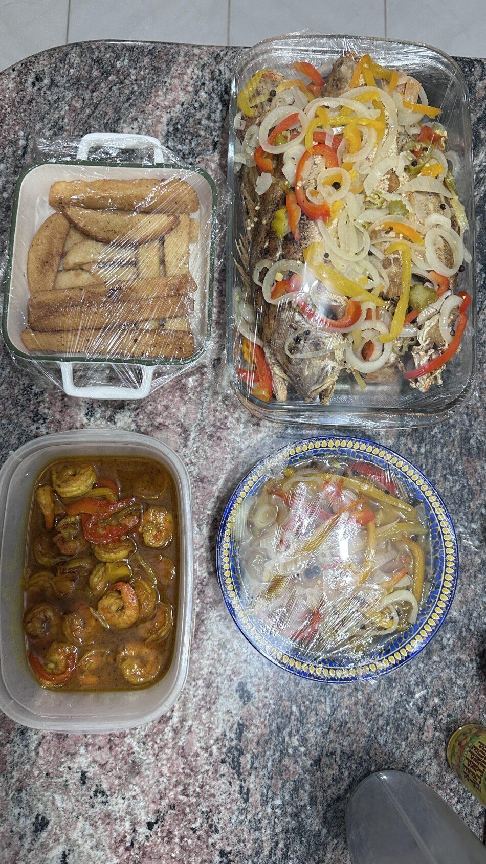 Yummy Stuff- Escoveitched Fish, Bammy, & Curried Shrimp